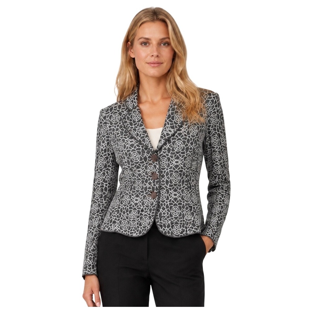 Armani Collezioni Grey White Floral Geometric Knit Blazer Jacket Size 4 Italy